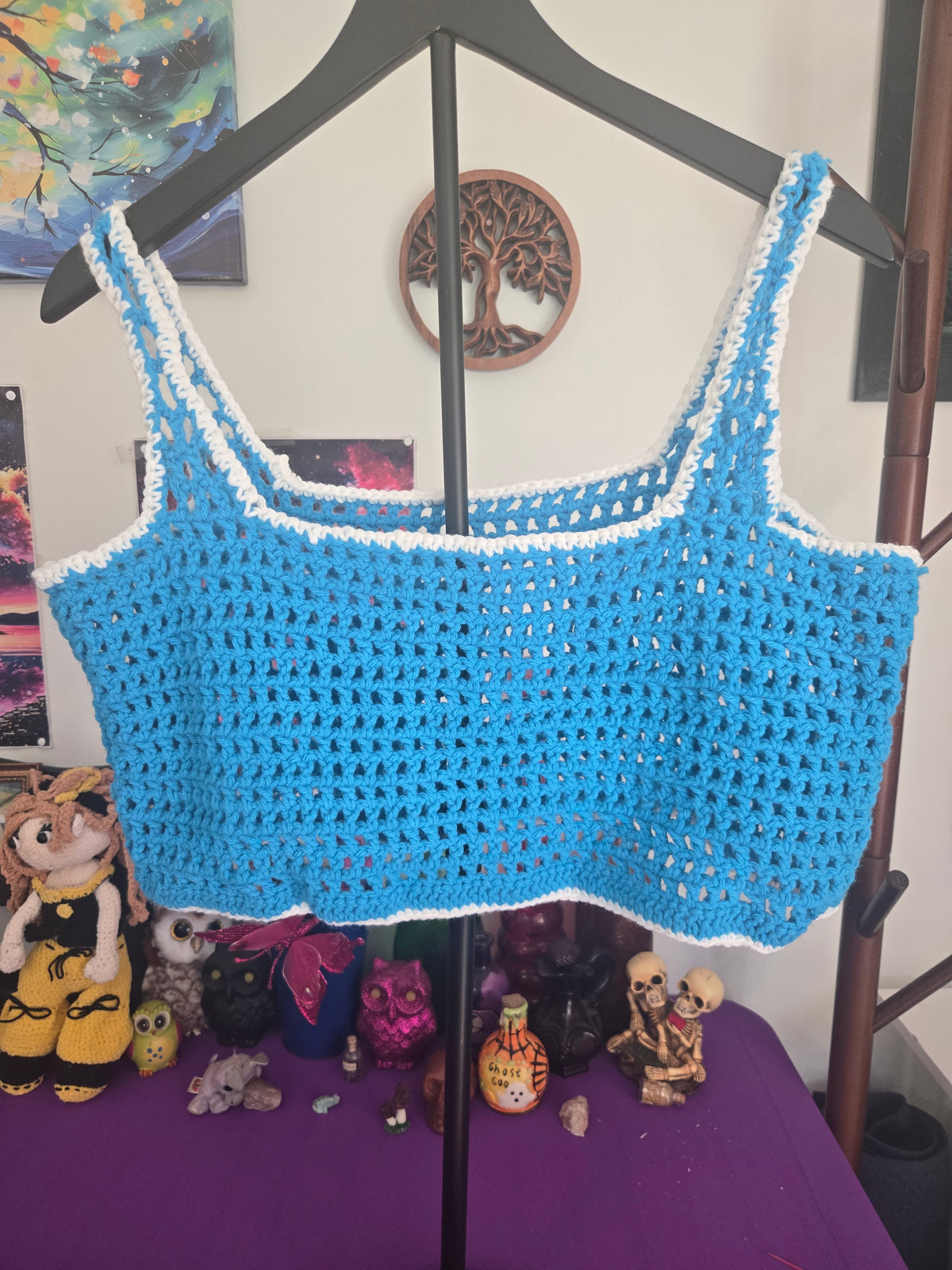 Crocheted Mesh Blue with white boarder mid-drift tank top