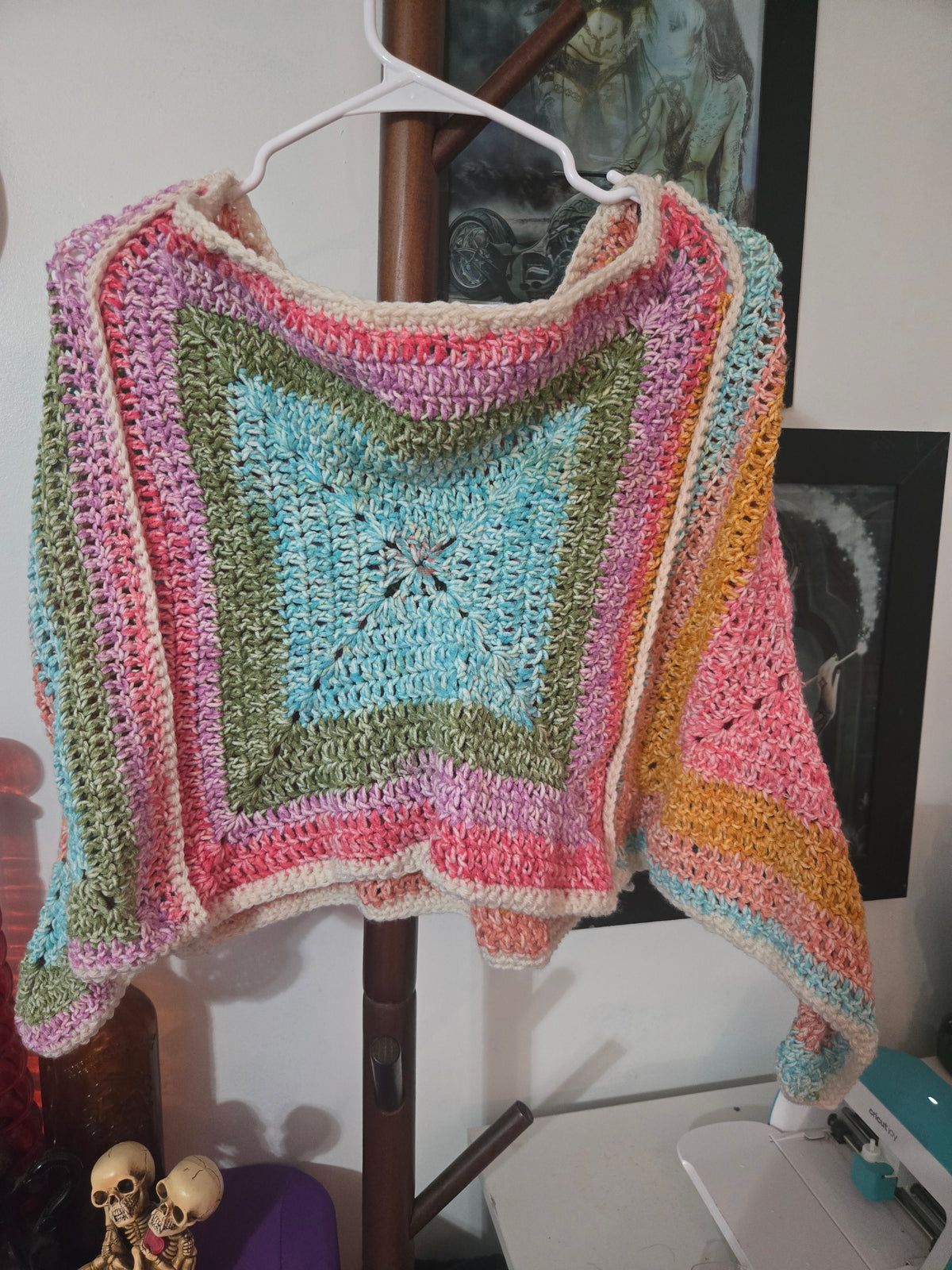 Rainbow Brite Granny Squared Crocheted Pull Over
