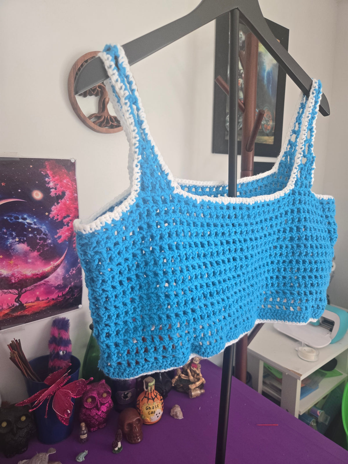 Crocheted Mesh Blue with white boarder mid-drift tank top