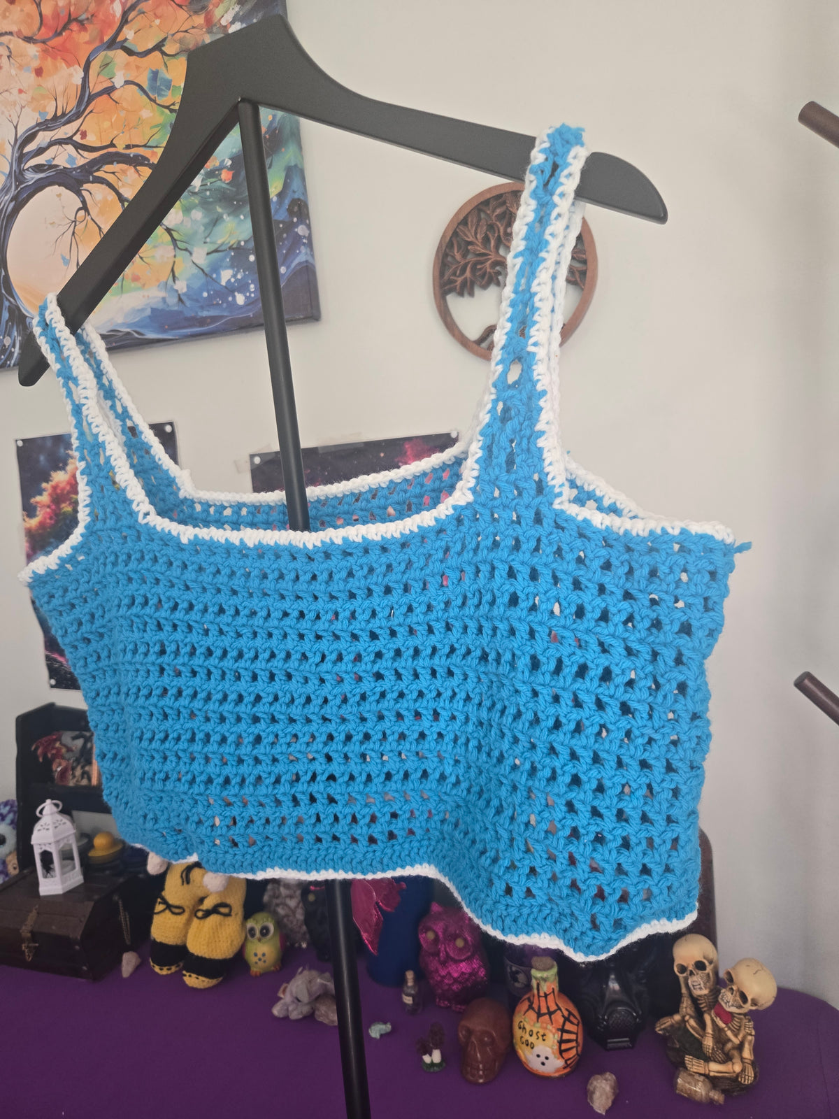 Crocheted Mesh Blue with white boarder mid-drift tank top
